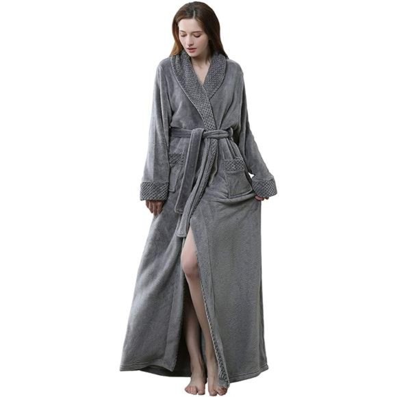 Women's Long Fleece Robe - Warm Soft Floor Length Flannel Bathrobes for Winter